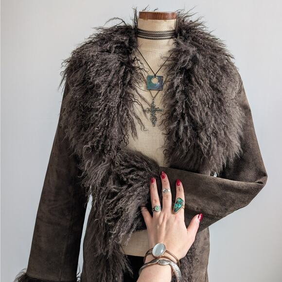 Vintage Brown Suede Penny Lane Jacket Fur Shag Leather Groovy Trench Coat Medium - Picture 2 of 14